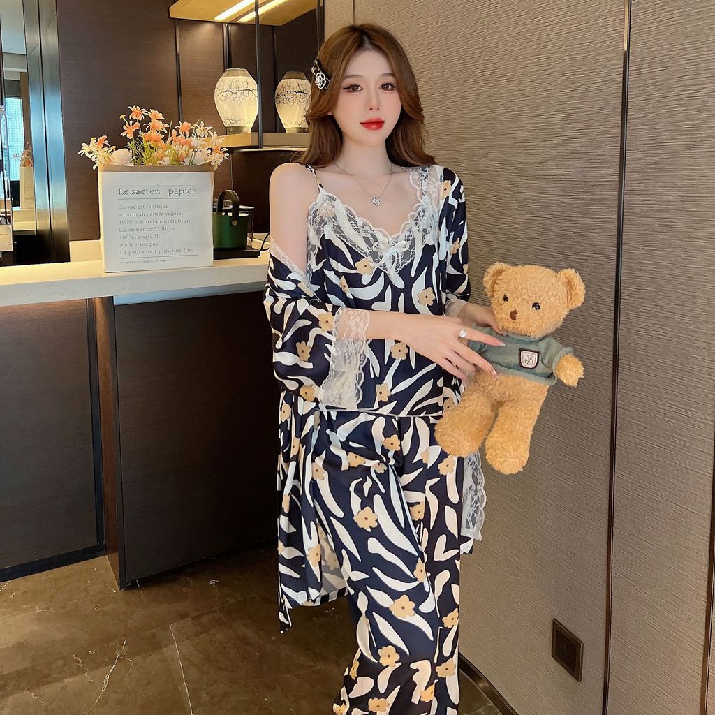 Bộ Đồ Ngủ Lụa Ba Mảnh Tay Dài Phong Cách Hàn Quốc Gợi Cảm Hàng Mới 2022