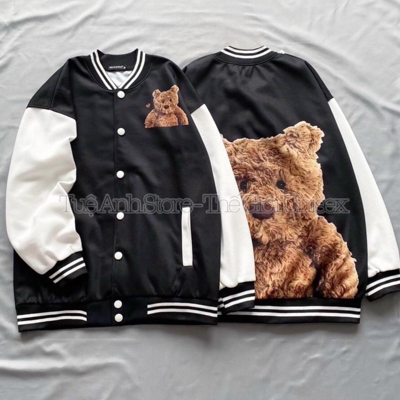 Áo Khoác Bomber Nam Nữ Bóng Chày Unisex In Gấu 2 Mặt Phong Cách Hàn Quốc Chất Nỉ Dày Đẹp Cardigan 3 size M L XL
