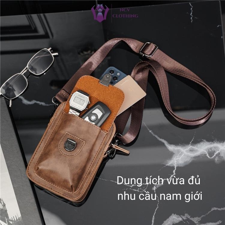 Túi đeo chéo nam mini da pu cao cấp đựng điện thoại, túi bao tử, túi đeo hông, túi đeo ngực phong cách lịch lãm-NCV2802