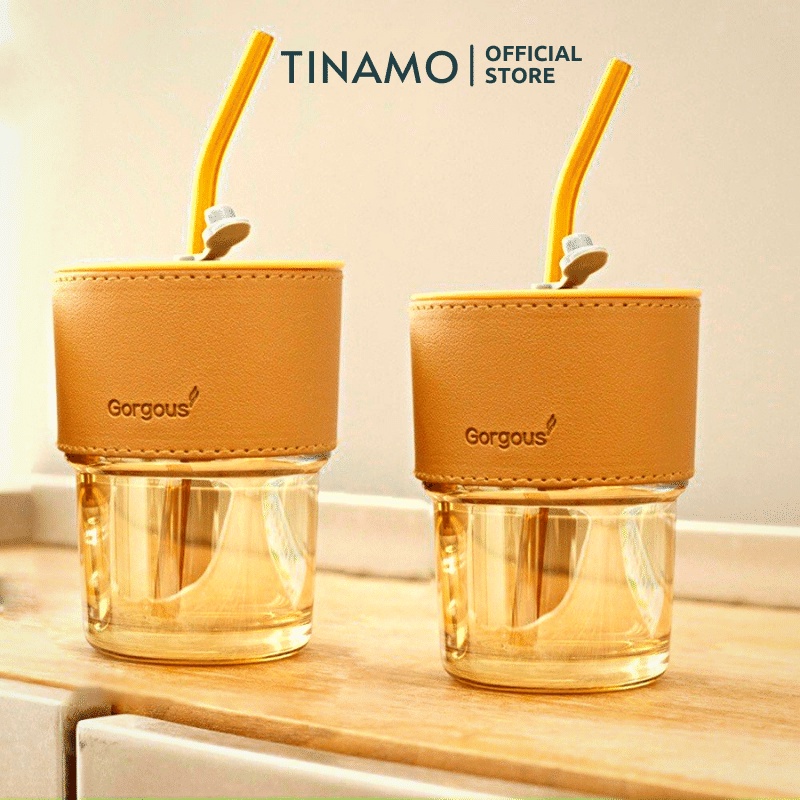 Cốc thủy tinh bọc da TINAMO, có nắp kèm ống hút thủy tinh, dung tích 420ml