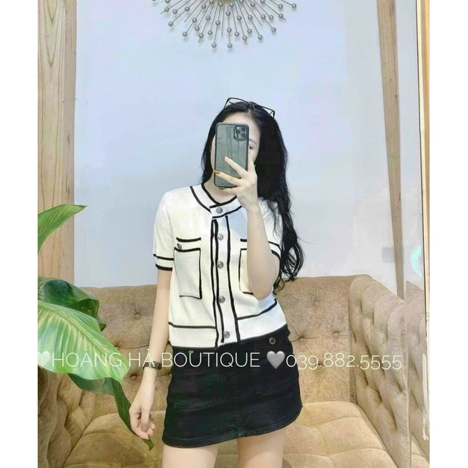 Áo len mongtoghi viền trắng đen nổi bật, túi vuông khuy bạc