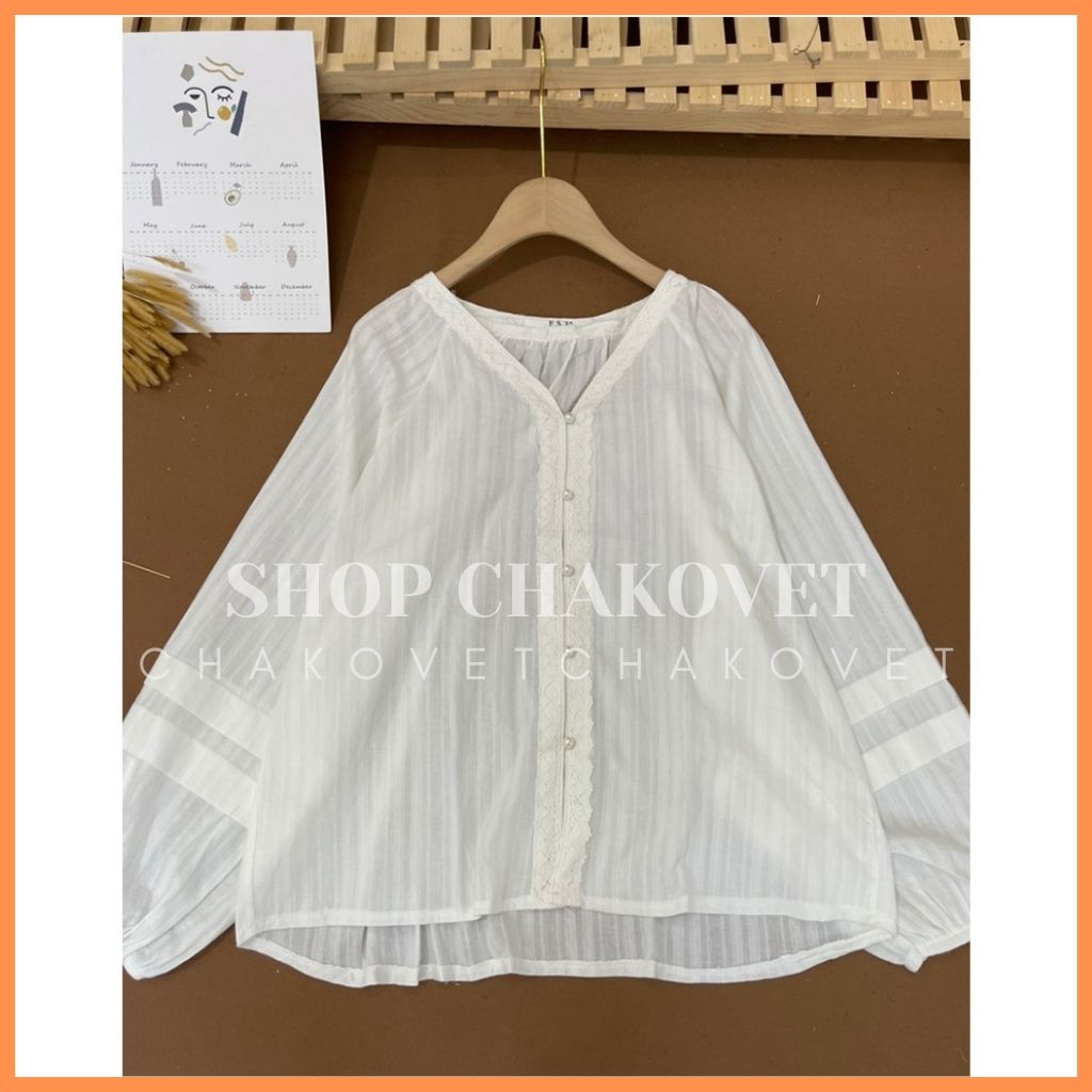 Áo sơ mi nữ dài tay form rộng CKA871, áo kiểu nữ đẹp cổ V tay bồng dáng babydoll cúc ngọc viền ren mặc đi làm đi học