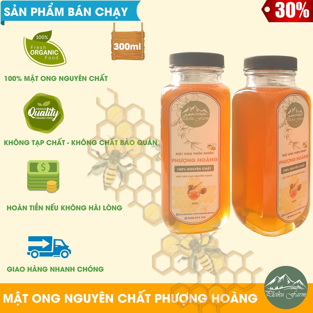 Mật ong nguyên chất cao nguyên Pleiku Gia Lai, chai thủy tinh 300ml - Mật ong Phượng Hoàng - 100% mật ong nguyên chất