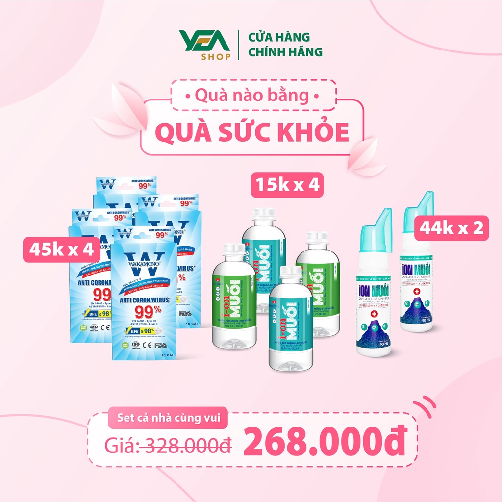 Quà tặng gia đình - Combo 4 khẩu trang Wakamono, 2 xịt mũi, 4 nước súc miệng ion muối 300ml