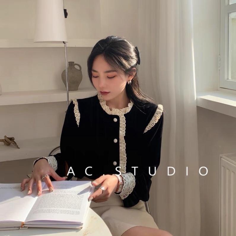 Áo nhung pha ren tiểu thư cực xinh hàng loại 1 _ảnh thật