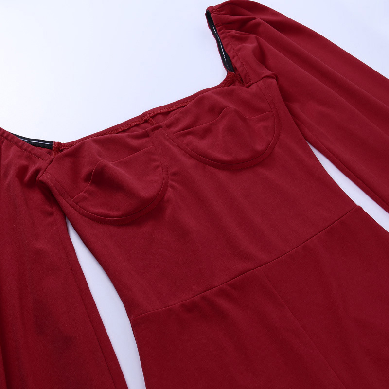 Fashion Women Slim Square Neck Plain Long Sleeve Split Party Elegant Midi Dress