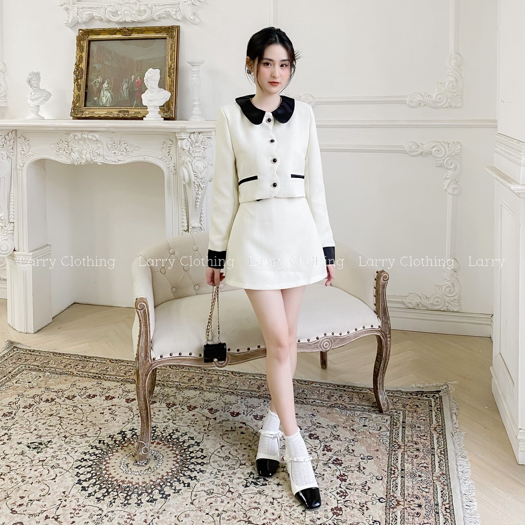 Set dạ tweed nữ thiết kế tay dài màu trắng cổ đen kèm chân váy tiểu thư thời trang trang thiết Larry Clothing S734