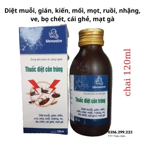 Vemedim Diệt côn trùng - Diệt muỗi, gián, kiến, mối, mọt, ruồi, nhặng, ve, bọ chét, cái ghẻ, mạt gà chai 120ml