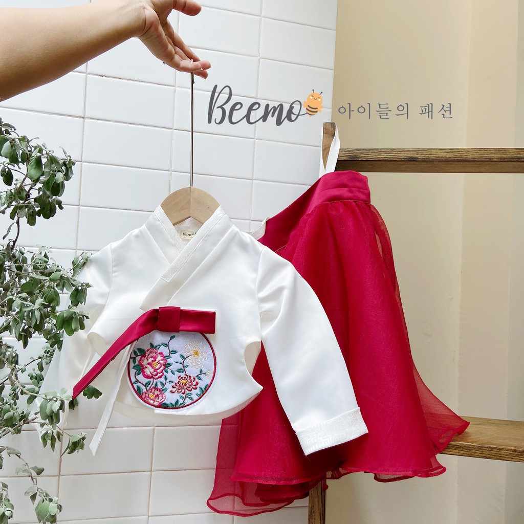 ÁO DÀI HANBOK CÁCH TÂN CHO BÉ TRAI - GÁI BEEMO, Chất liệu gấm Hàn phối chân váy tơ ( nữ ) hoặc quần tơ óng ( nam ) B041