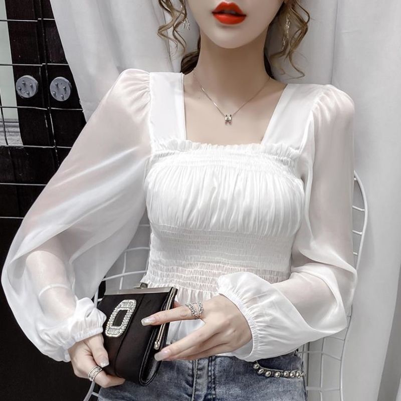 Áo Sơ Mi Trắng Tay Dài Cổ Vuông Dáng Ngắn Chất Liệu Chiffon Thời Trang Mùa Thu Phong Cách Hàn Quốc Cho Nữ 0304