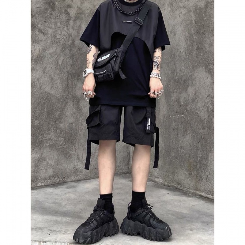 Áo Thun Tay Ngắn Phối Dây Xích Giả Hai Lớp Màu Đen Thời Trang Mùa Hè Dành Cho Nam Và Nữ