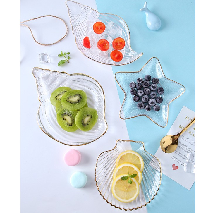 Set đĩa thủy tinh trong suốt hình vỏ sò hàng nhập