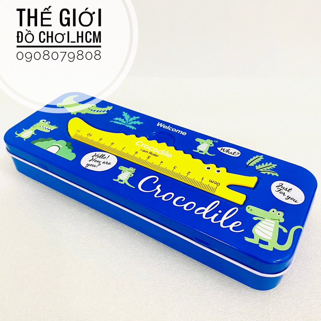 [TRỢ GIÁ-KÈM THƯỚC] Hộp bút sắt hai tầng cho bé đựng viết, hộp viết có họa tiết cá sấu Crocodile siêu dễ thương 675