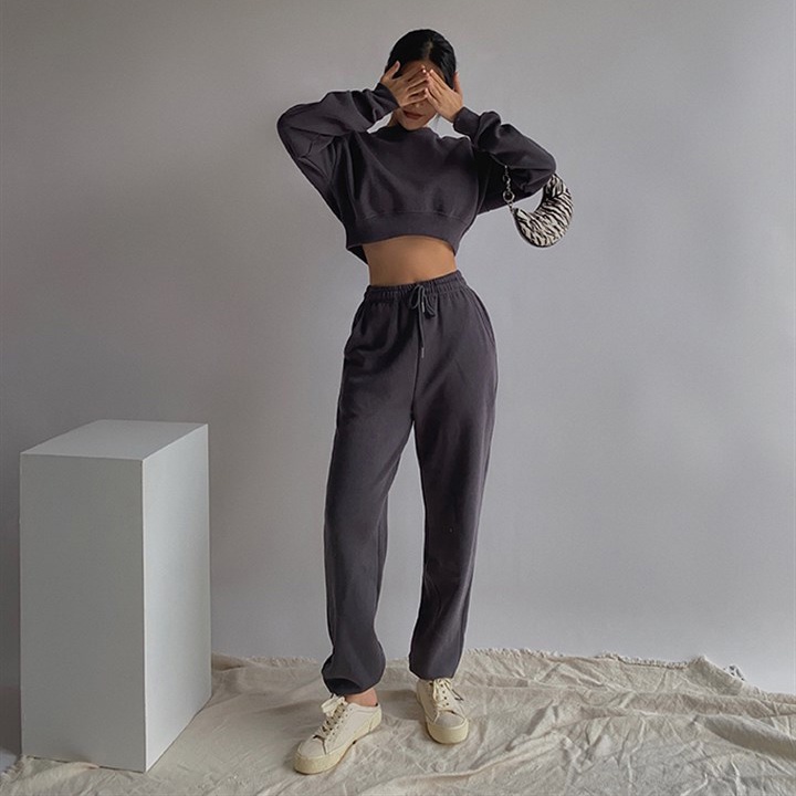 [KÈM VIDEO] Bộ Quần Áo Nữ Cổ Tròn Dài Tay Croptop Quần Dài Nỉ Tàu Cao Cấp Trơn Basic Thời Trang Sugal QA NU 017