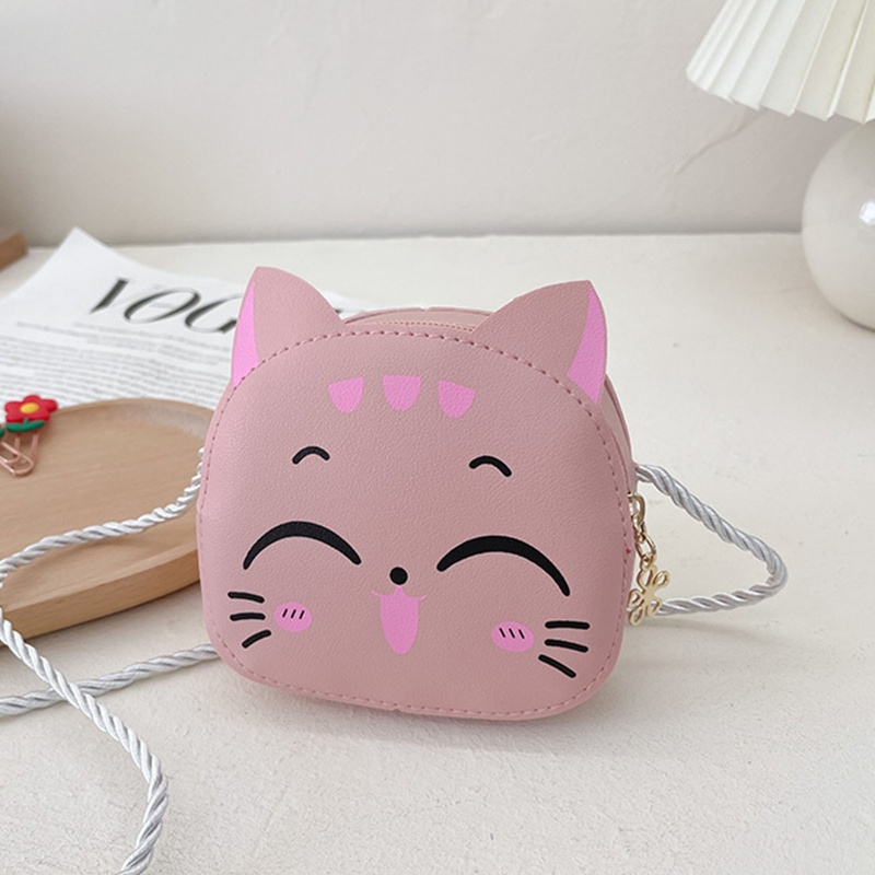 Túi Đeo Chéo Vai Bằng Da Có Khóa Kéo Hình Mèo Dễ Thương Cho Bé Gái