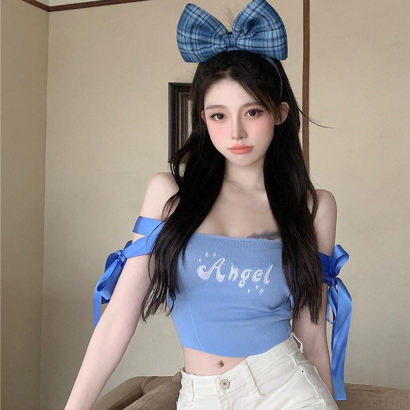 Áo Croptop Dệt Kim Trễ Vai Tay Ngắn In Chữ Phong Cách Hàn Quốc Quyến Rũ Cho Nữ | BigBuy360 - bigbuy360.vn