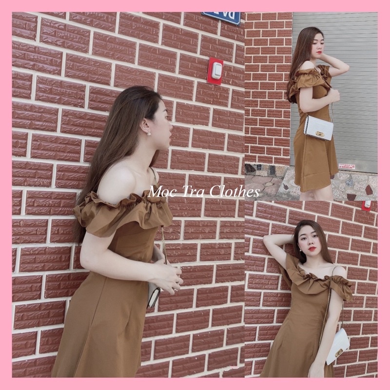 Đầm nâu xinh Heart Dress thiết kế dáng ngắn xoè chữ A phối bèo tiểu thư siêu xinh, Váy kiểu nữ dự tiệc hở vai rẻ đẹp