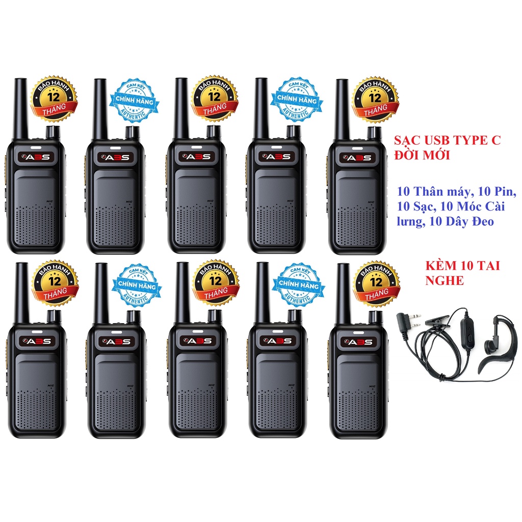 Bộ 10 Chiếc Bộ đàm Sạc USB Type C Đời mới  ABS AB588 (Loa to&amp; Chống Từ tính, Cự ly liên lạc Xa, Pin sử dụng&gt;15 Tiếng)