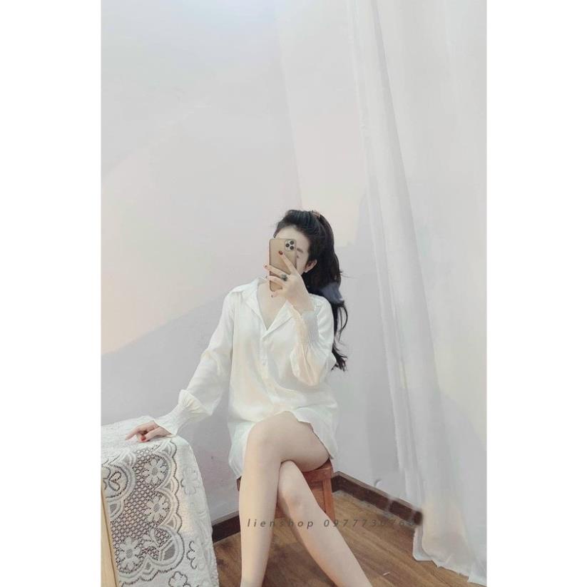 Áo sơ mi nữ dài tay bo nhún cổ tay vải lụa trắng cổ bẻ form rộng thoải mái