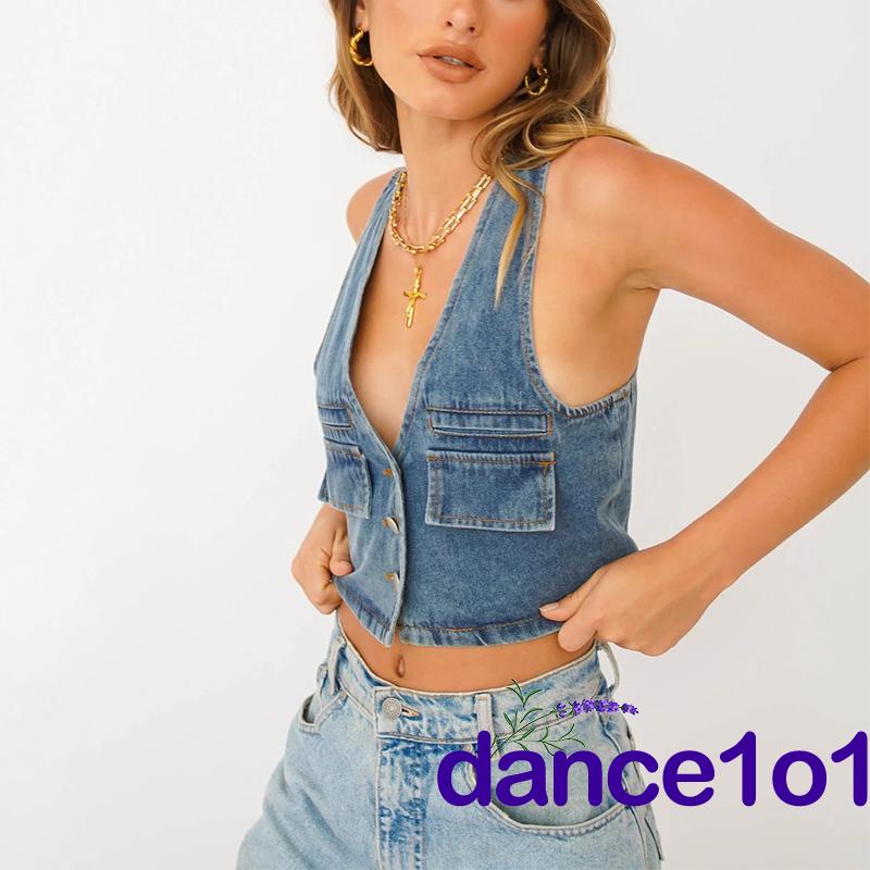 Áo denim cổ chữ V phối hàng nút thời trang cho nữ