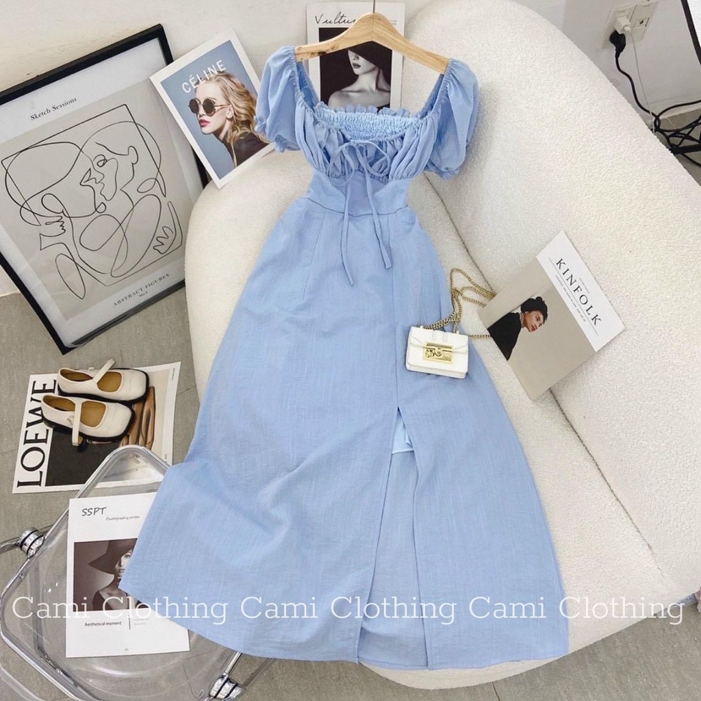Đầm Maxi Rớt Vai Dây Cổ Yếm Cut-Out Lưng Bo Chun Xẻ Tà Cami Clothing, Váy Midi Mặc Được Nhiều Kiểu