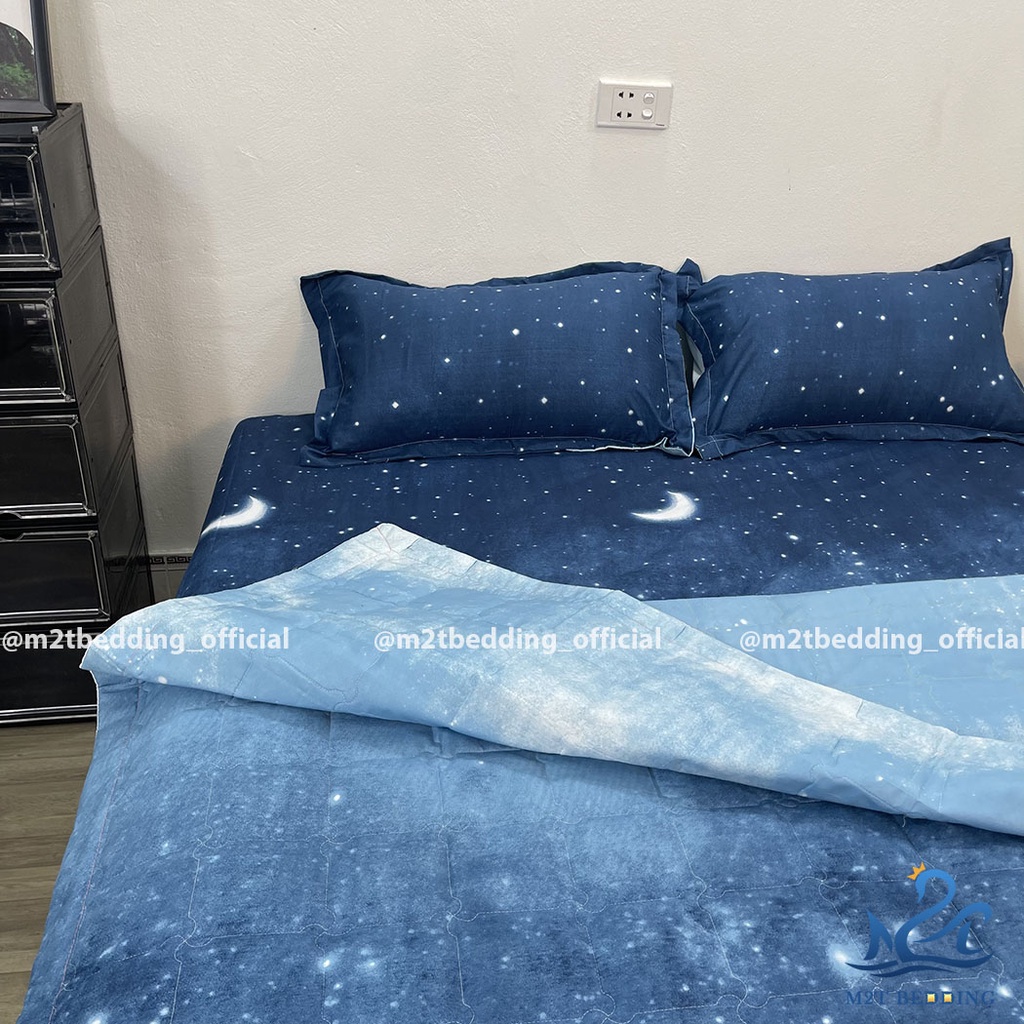 Ga giường, chăn phao, chăn hè và 2 vỏ gối M2T Bedding, Chăn ga gối đệm phong cách Hàn Quốc - PLX Màn đêm
