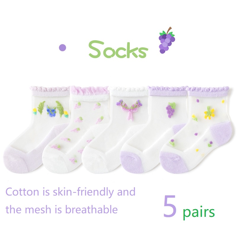 Set 5 Đôi Vớ Cotton Siêu Mỏng Họa Tiết Trái Cây Hoạt Hình Dành Cho Bé Gái 1-12 Tuổi