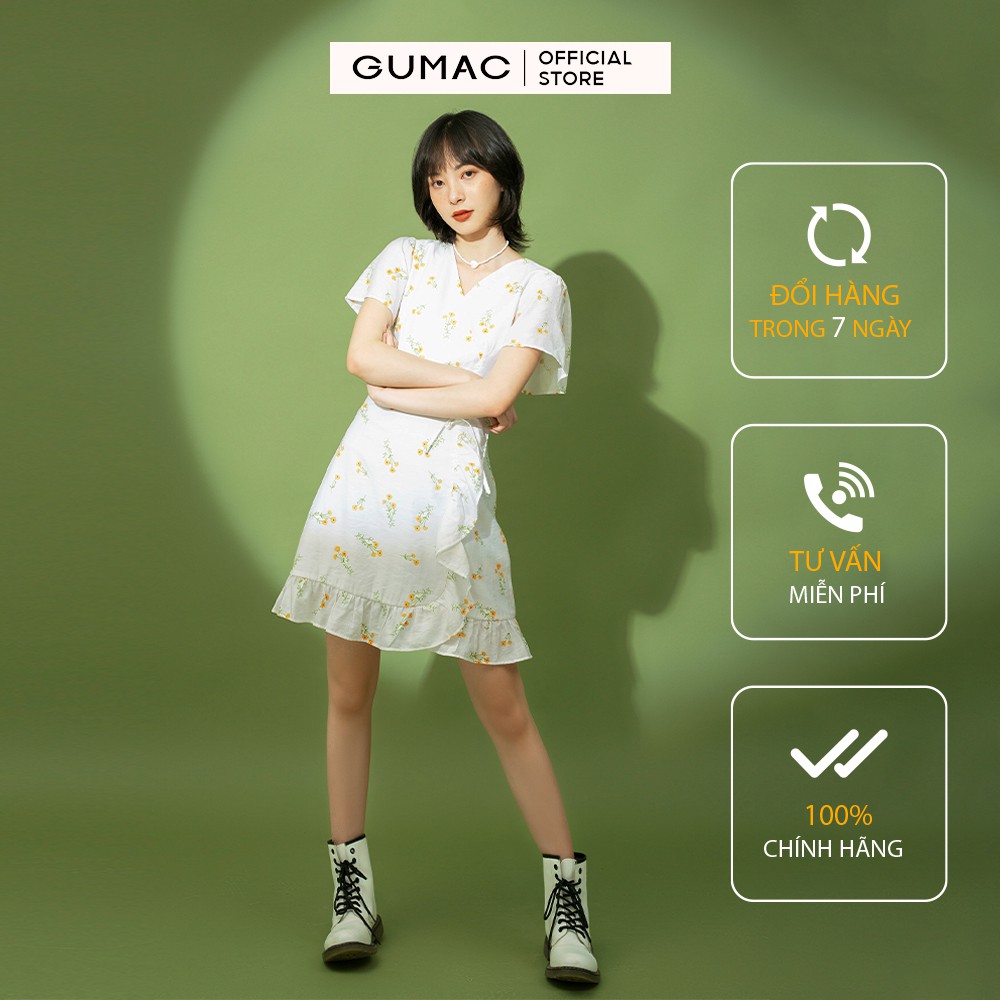 Đầm hoa nữ ôm GUMAC, in họa tiết đẹp, tay ngắn trẻ trung màu trắng đầm dáng xòe DB1115
