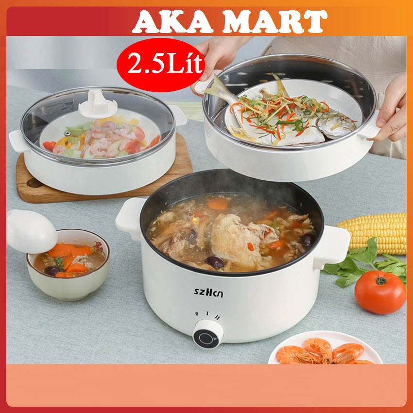 Nồi lẩu điện đa năng mini chống dính 2 tầng 2 nấc nhiệt 2.5 lít ăn lẩu mì chiên xào hấp luộc với 1 cái nồi - Aka Mart