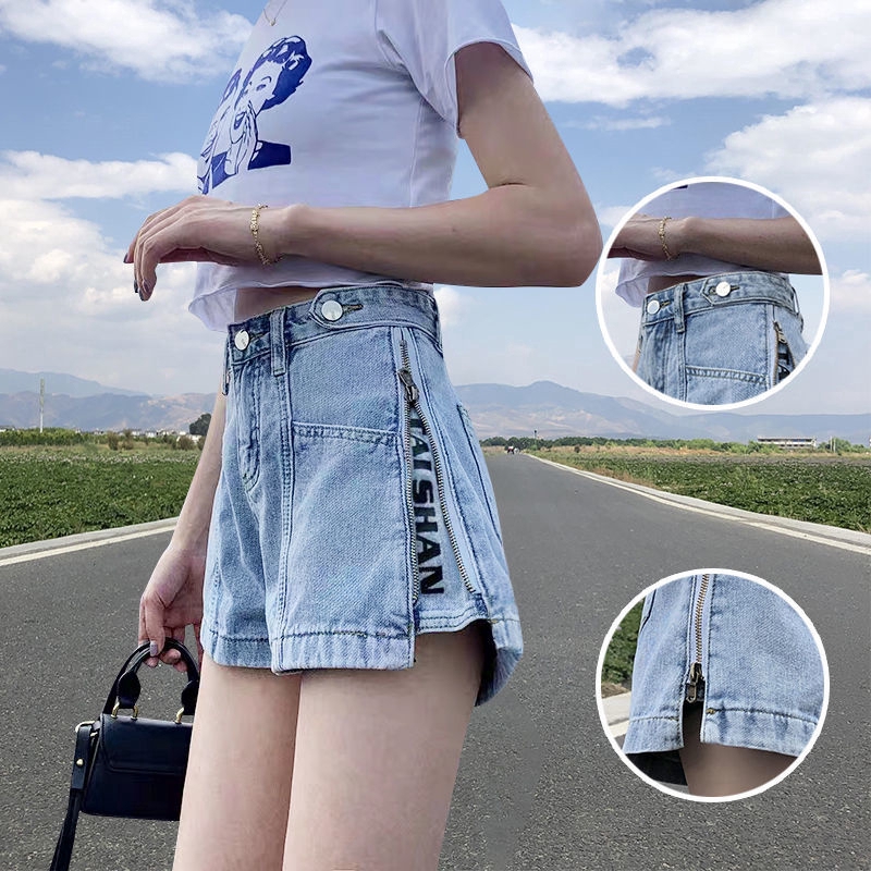 Quần Đùi Denim Cạp Cao Phối Khóa Kéo Cá Tính Cho Nữ