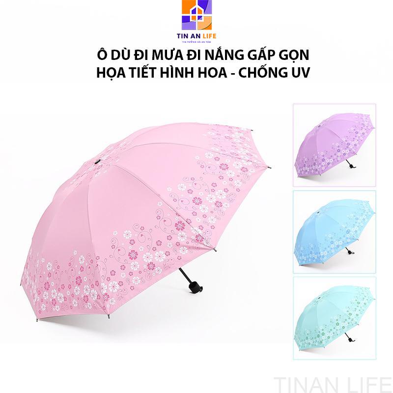 Ô Dù Đi Mưa Đi Nắng Gấp Gọn, Họa Tiết Hình Hoa, Chống UV