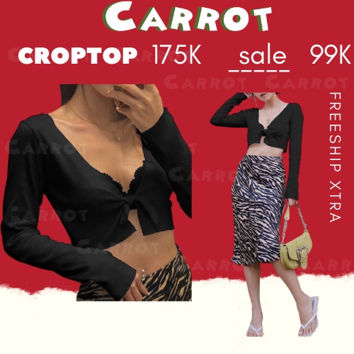 Áo croptop nữ tay dài trắng ôm body cổ thiết kế cột nơ thun gân cực các tính, gợi cảm carrotxinhdep