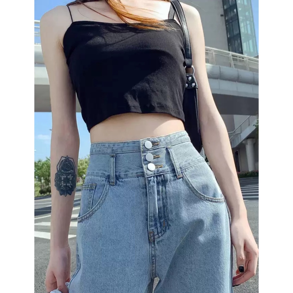 [ VIDEO THẬT ] QUẦN JEANS ỐNG RỘNG NỮ LƯNG CAO 3 NÚT LƯNG XẺ PHỐI CHÉO NHÂN PHÍA SAU MÀU XANH NHẠT LAI CUỐN CAO CẤP HADI