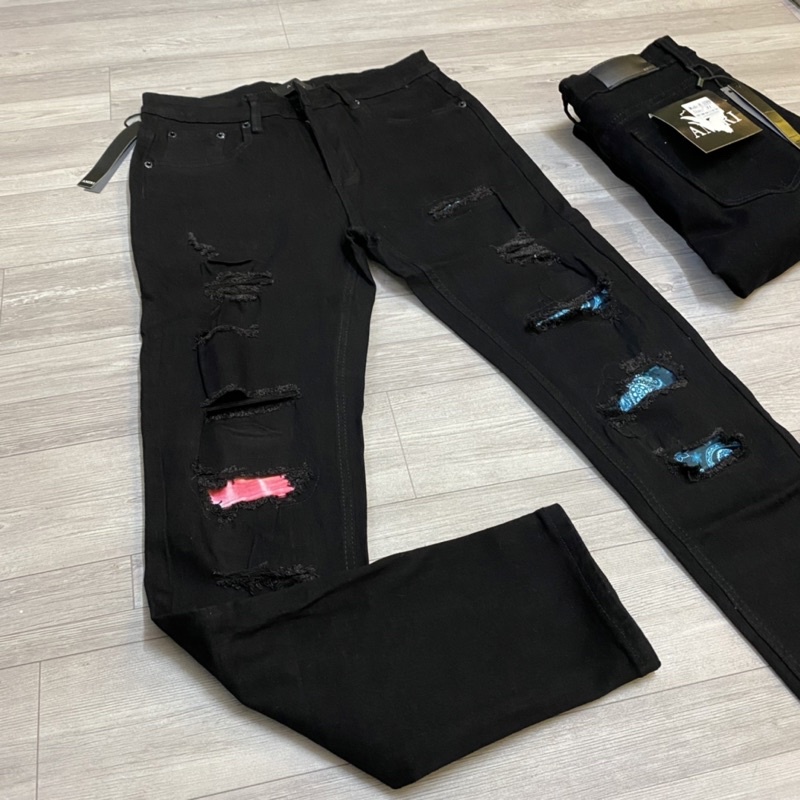 Quần jean nam vá gối xanh đỏ khâu viền,Quần bò vá nhăn amiri xanh đỏ rách gối