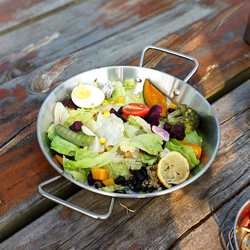 Stainless steel binaural pan camping supplies outdoor stainless steel binaural pan camping picnic tableware Korean style Army hot pot salad basin wUPc