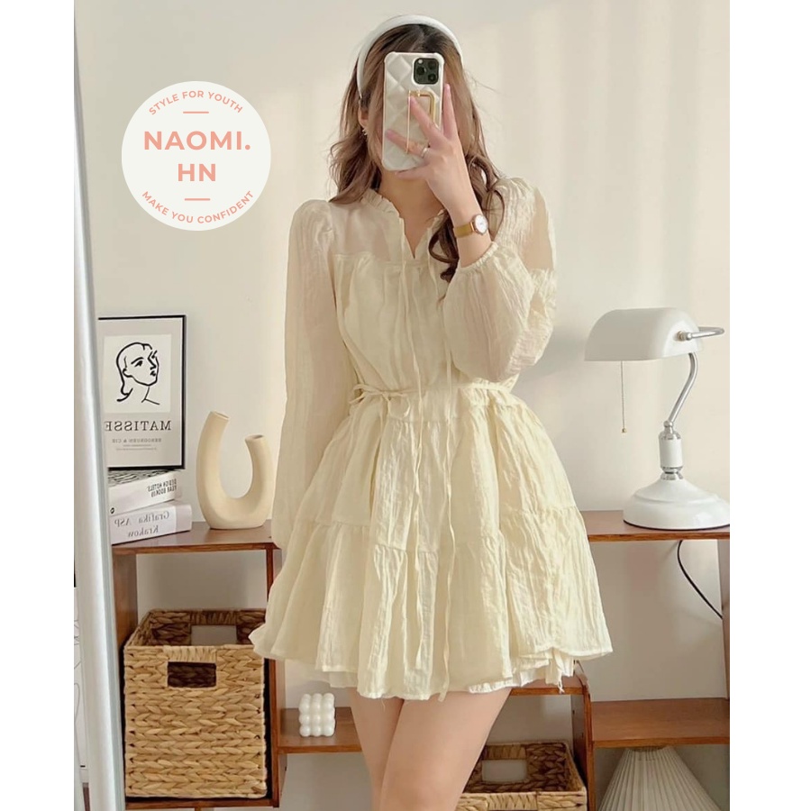 Váy babydoll dài tay chất tơ 2 lớp phối dây đai thắt eo phong cách tiểu thư. Váy cổ V dài tay phối nơ sang chảnh