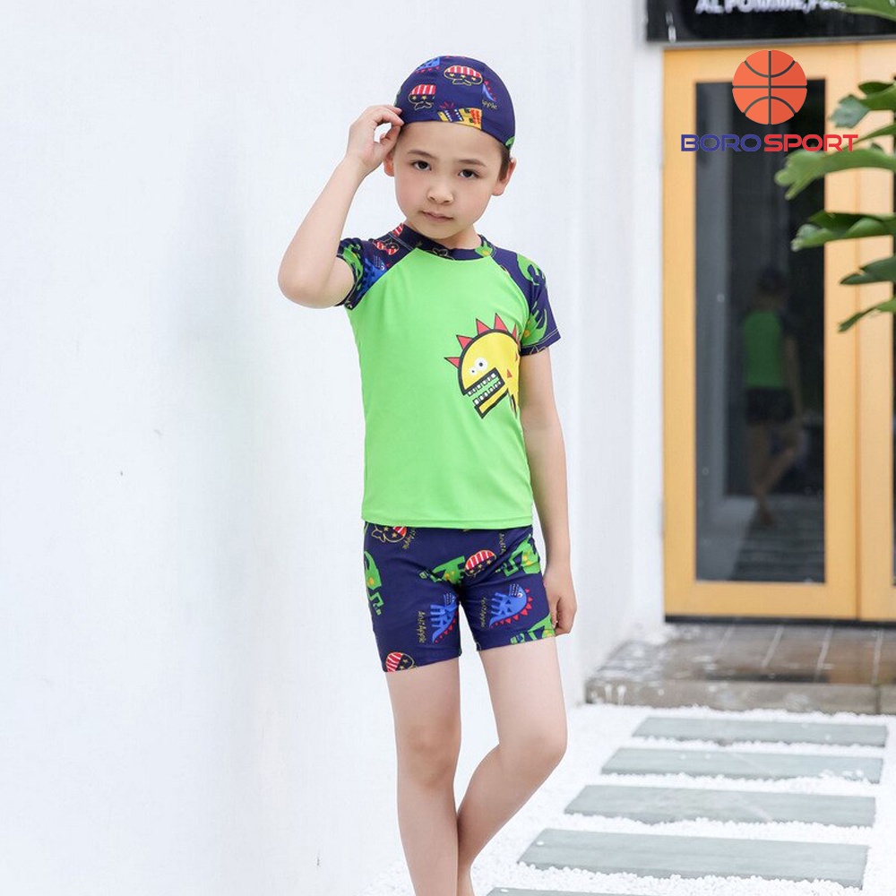Bộ đồ bơi khủng long xanh lá dành cho bé trai CLEACCO cao từ 85cm đến 125cm chất vải polyeste BORO SPORT