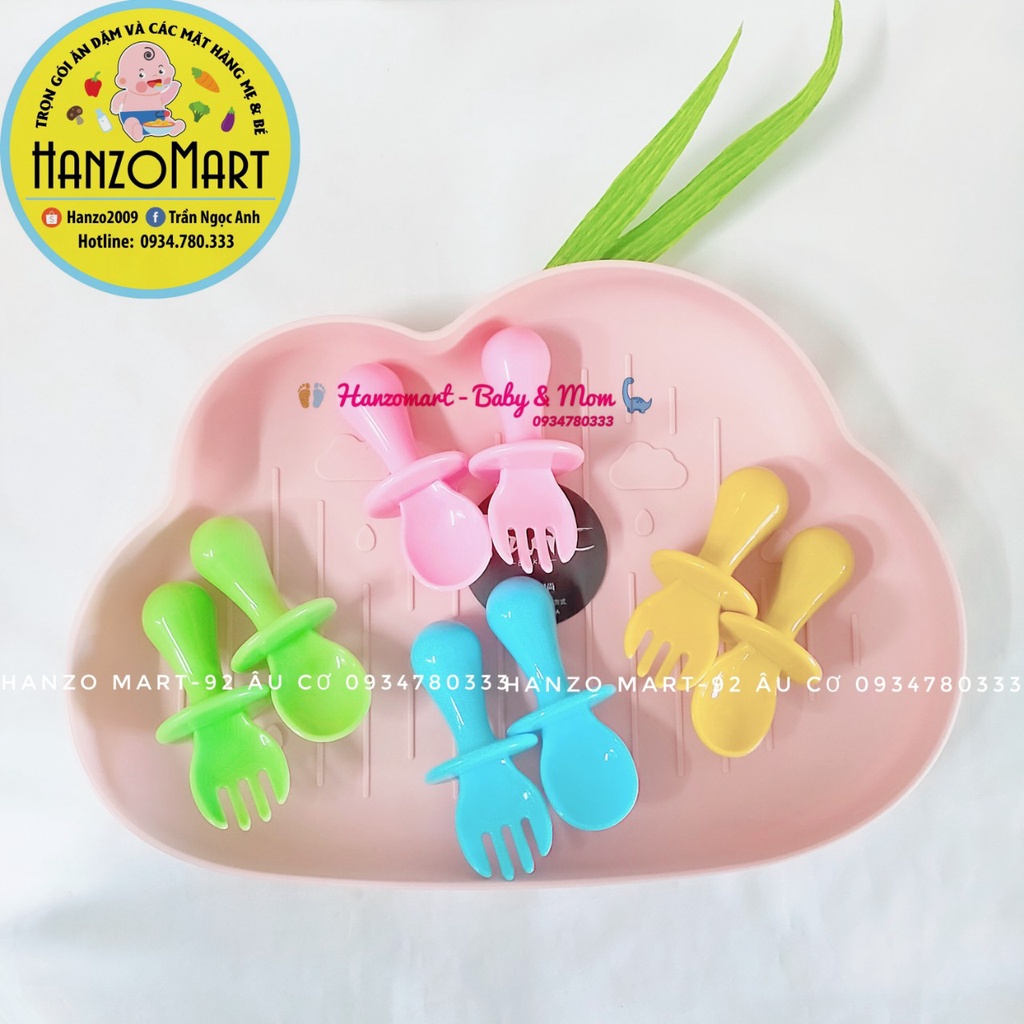 Thìa tập xúc cho bé ăn dặm thìa nĩa dĩa cán ngắn có nút chặn tập xúc có hộp cho bé