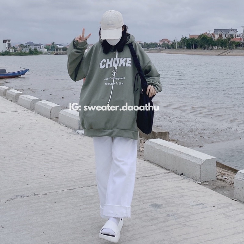 [ ẢNH THẬT ] ÁO HOODIE NỈ XANH CHUKE FORM RỘNG TAY BỒNG OVERSIZE | BigBuy360 - bigbuy360.vn