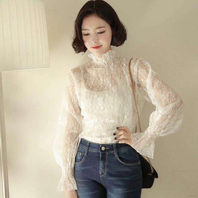 Áo nữ dài tay cổ cao phối ren thiết kế thời trang | BigBuy360 - bigbuy360.vn