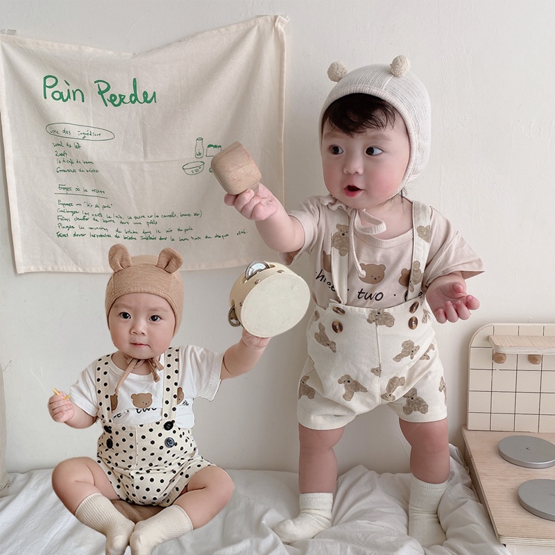 Bộ Áo Tay Ngắn In Hình Gấu + Quần Short Yếm Dễ Thương Thời Trang Mùa Hè Cho Bé Trai + Gái