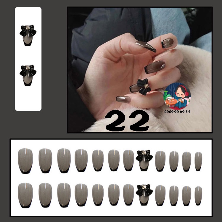 22 - Đen Trong Suốt [NƠ BỚM] Bộ Móng Giả 24 Chiếc Đủ Size - Sẵn Keo Và Dụng Cụ
