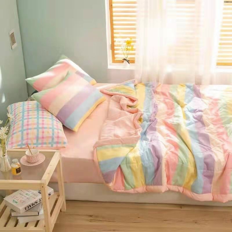 Bộ Chăn Ga Gối Cotton Đũi Kẻ Muji - Chăn Hè Chần Bông Mỏng Kích Thước 2mx2m3 Full Set 4 Món