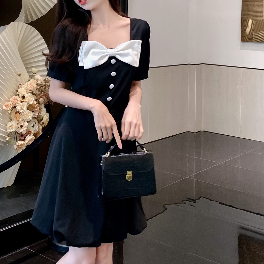 Đầm Perty dáng ôm đính nơ phong cách retro Hàn Quốc dành cho nữ