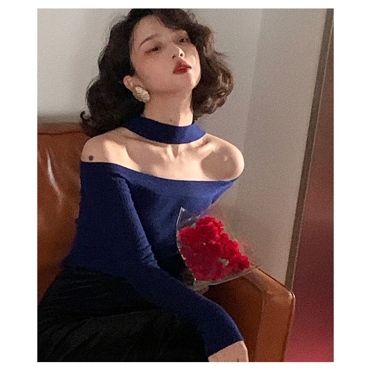 Áo dệt kim tay dài trễ vai dáng ôm thời trang mùa thu quyến rũ dành cho nữ