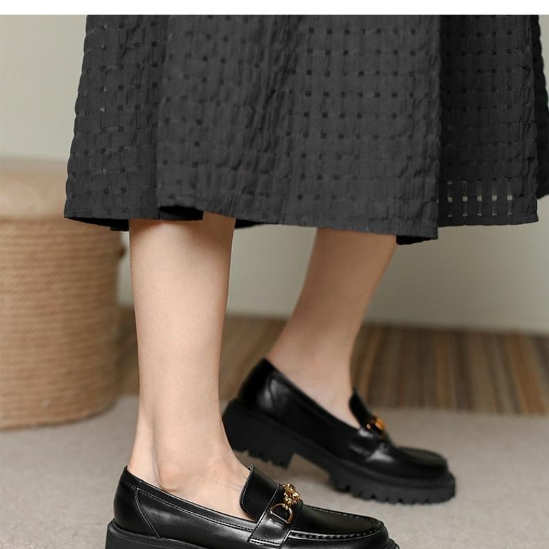 Giày Da PU Mũi Tròn Đế Dày Phối Khóa Kim Loại Kiểu Anh Thời Trang Xuân Thu Cho Nữ