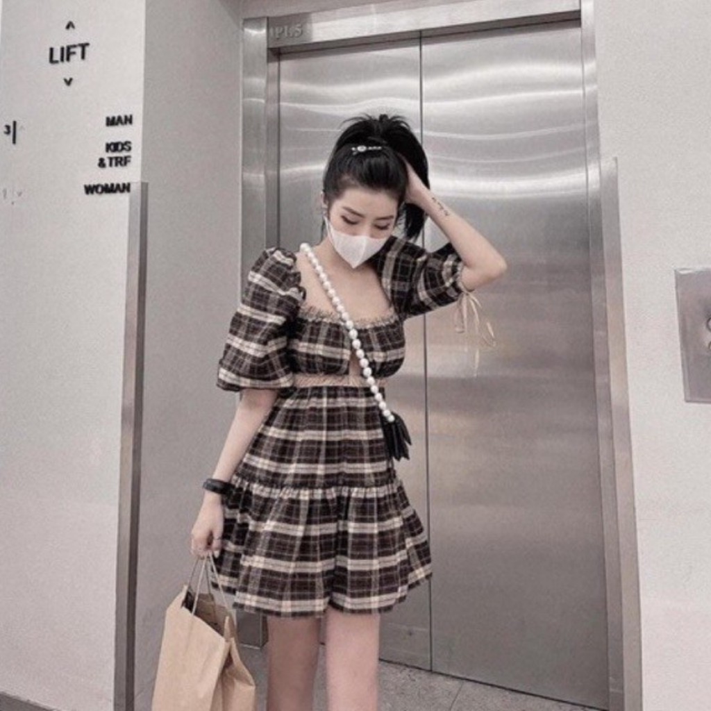 Đầm Babydoll Dáng Xoè Tay Phồng Cổ Vuông Kẻ Caro Chất Cotton Siêu Xinh | BigBuy360 - bigbuy360.vn