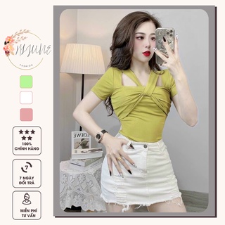 Áo thun nữ cổ vuông đan chéo ngưc chât liệu Bozip co giãn 4 chiều HIJUNE AT10