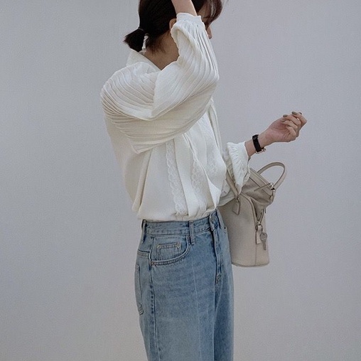 [ORDER] Áo Sơ Mi Dáng Rộng Dài Tay Xếp Ly Phối Ren Phong Cách Hàn Quốc ICC Official Store AO044