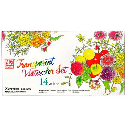 Màu nước ZIG Kuretake Transparent Watercolor Set 14 màu - kèm cọ, bút line